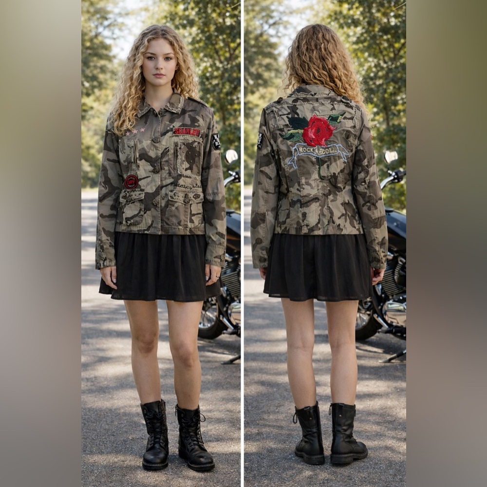 NWTS Love Junkie Couture Women’s Distressed Embroidered Camo Moto Jacket Size S